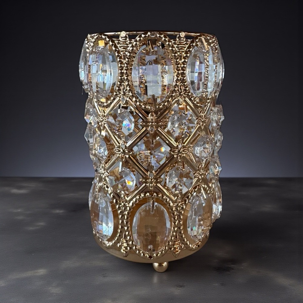 6" Tall Gold Crystal Beaded Pillar CANDLE HOLDERS Wedding Party Home
